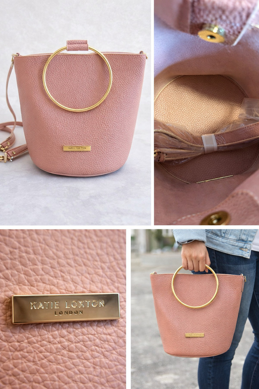Katie Loxton London Pink Bucket Bag w/ Gold Ring Handle